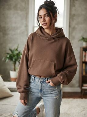 Cropped Brown Hooded Pullover Sweatshirt